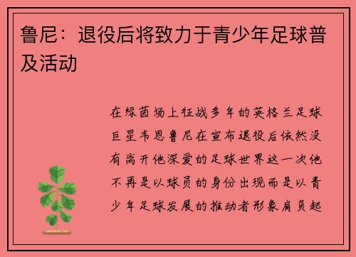 鲁尼：退役后将致力于青少年足球普及活动