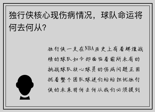 独行侠核心现伤病情况，球队命运将何去何从？