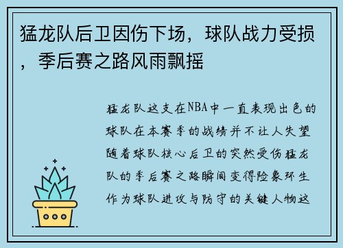 猛龙队后卫因伤下场，球队战力受损，季后赛之路风雨飘摇