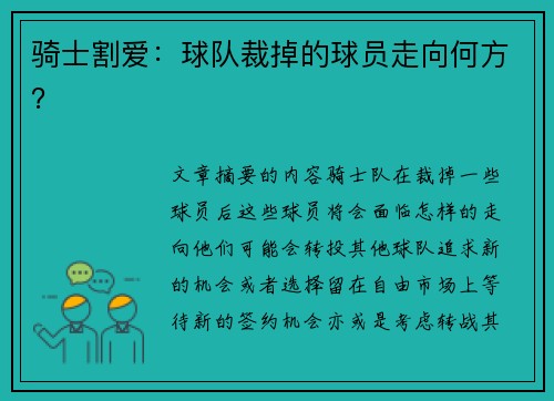 骑士割爱：球队裁掉的球员走向何方？